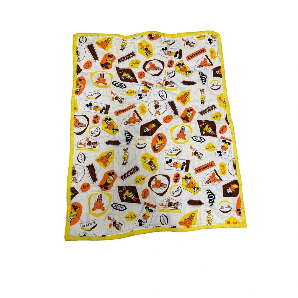 Vintage Disney Baby Quilt Handmade Embroidered Mickey Minnie Pluto Yellow 44x33